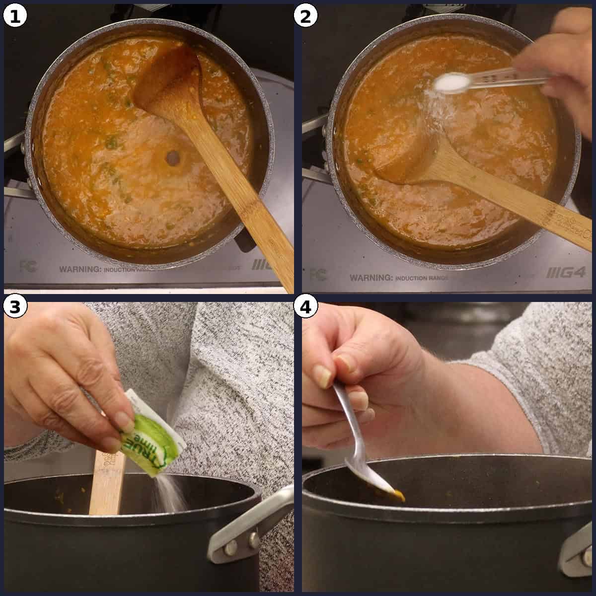 Step-by-step photo grid for Mango Jalapeno Jam (No Sugar Added), numbered 1 to 4, showing the simmering jam, then adding salt and a packet of lime juice and stirring it in.