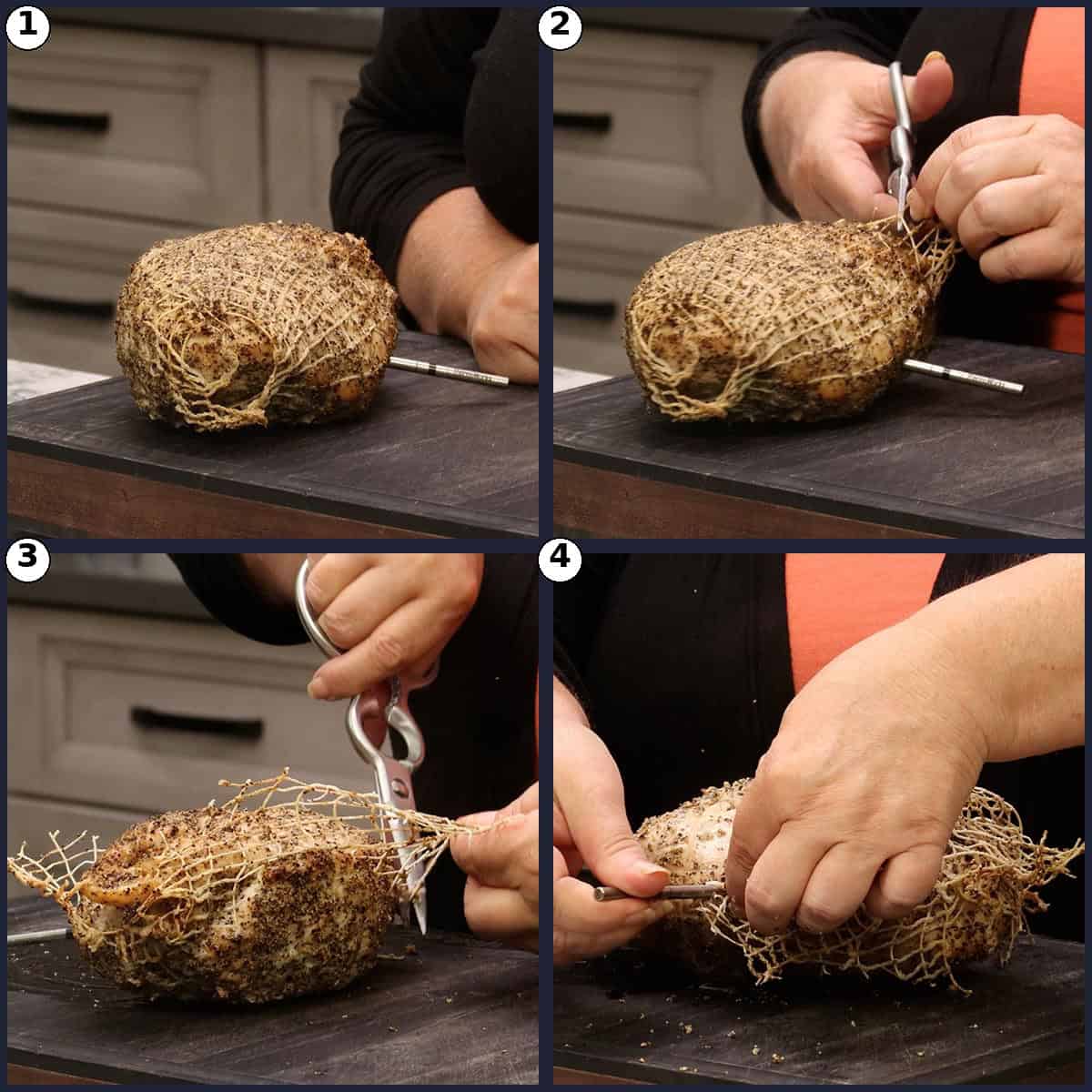 Step by step graphic showing the low roasted turkey breast resting on a cutting board, then the netting being snipped with kitchen shears and pulled away, and the probe thermometer being removed from the cooked turkey.