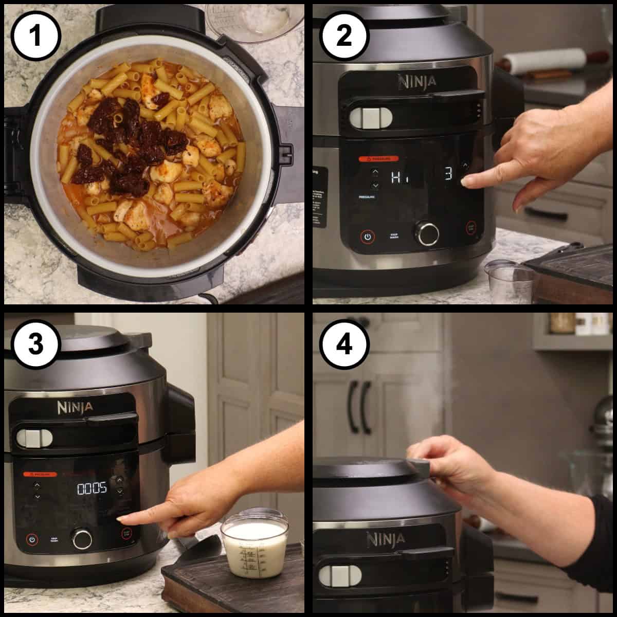 Step by step graphic, step 5, showing sun dried tomatoes added to the pasta, the pressure cooker set to high pressure for 3 minutes, and the lid sealed.