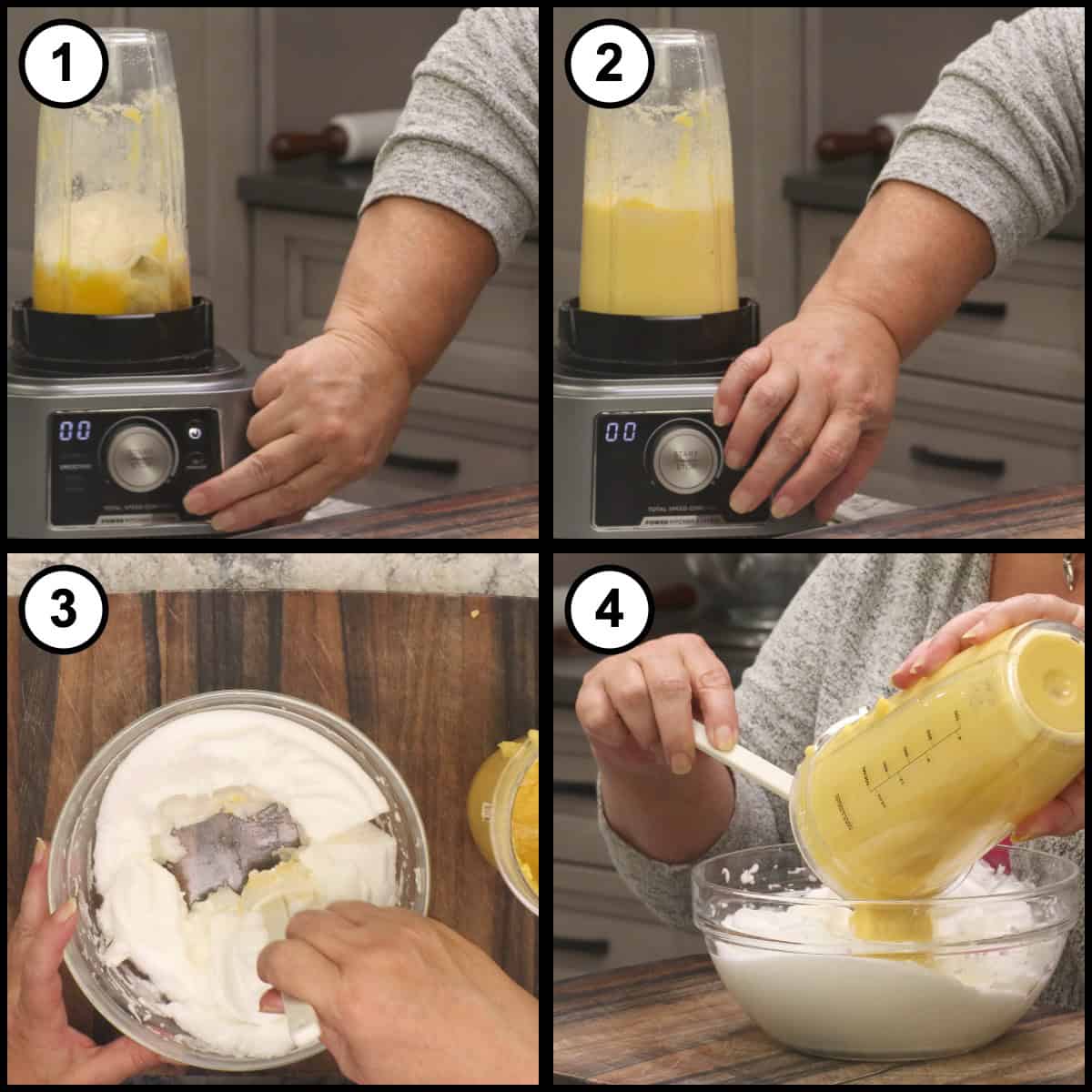Step by step collage for Low Carb Burger Buns showing the blender running to combine the yolk mixture, a well being made in the center of the whipped egg whites, and the blended yellow batter poured into that well.