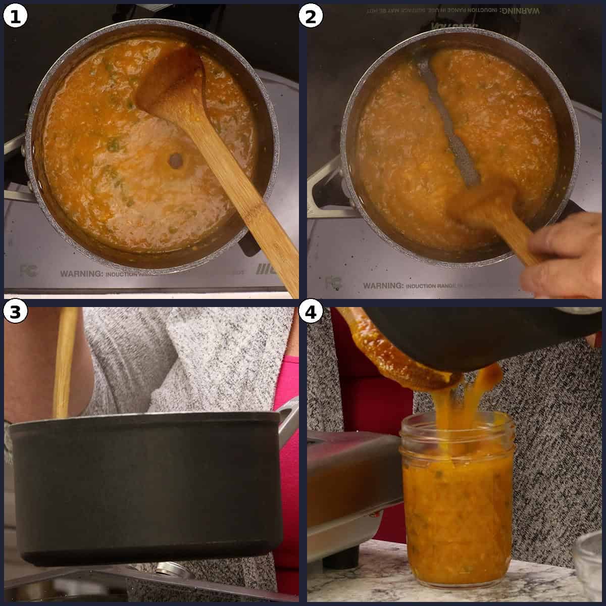Step-by-step photo grid for Mango Jalapeno Jam (No Sugar Added), numbered 1 to 4, showing the finished thickened jam being stirred and then poured hot into a glass mason jar.