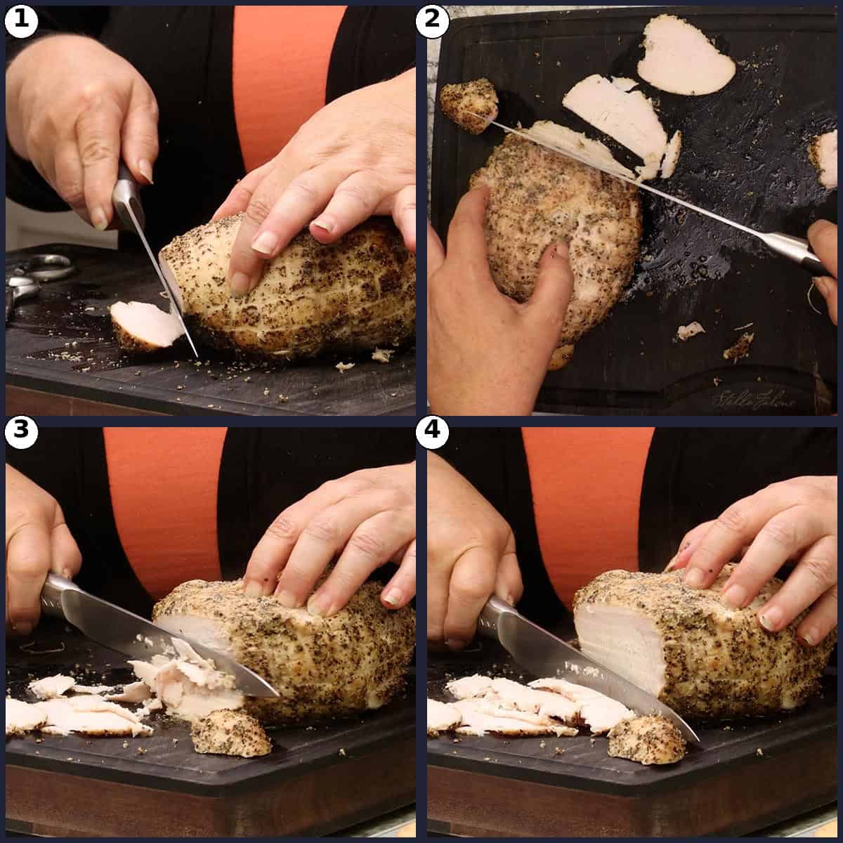 Step by step graphic showing a low roasted turkey breast being sliced on a cutting board, with both thin shaved slices and thicker slices cut using a long slicing knife.