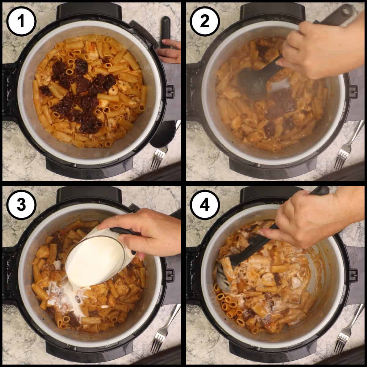 Step by step graphic, step 6, showing cream stirred into the pressure cooked pasta and chicken until combined.