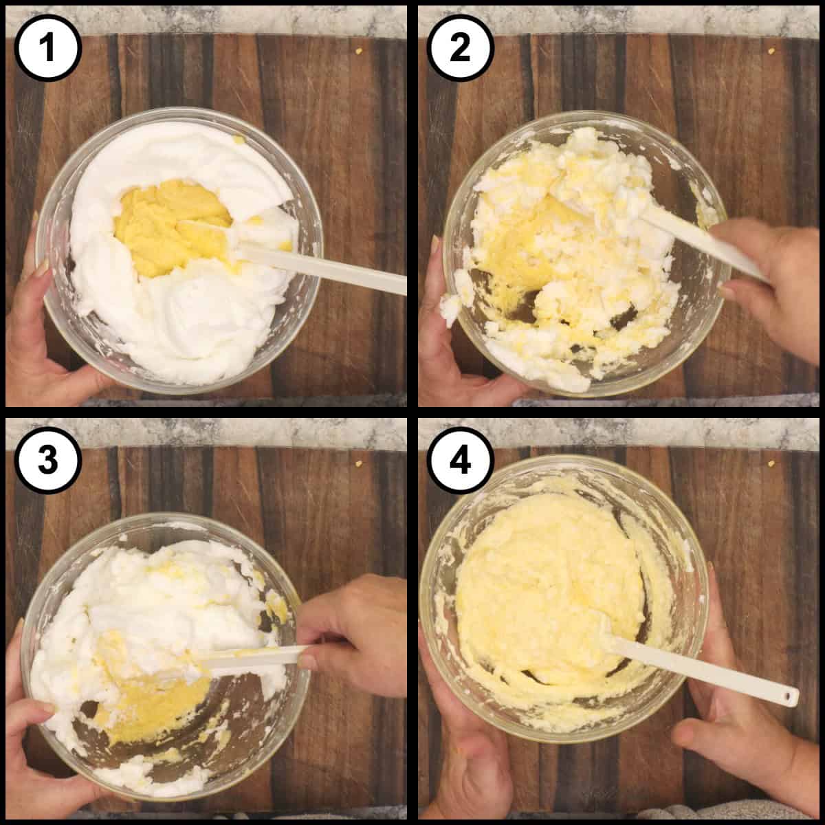 Step by step collage for Low Carb Burger Buns showing the yellow batter being folded into the whipped egg whites with a spatula, progressing from streaky to a smooth pale batter.