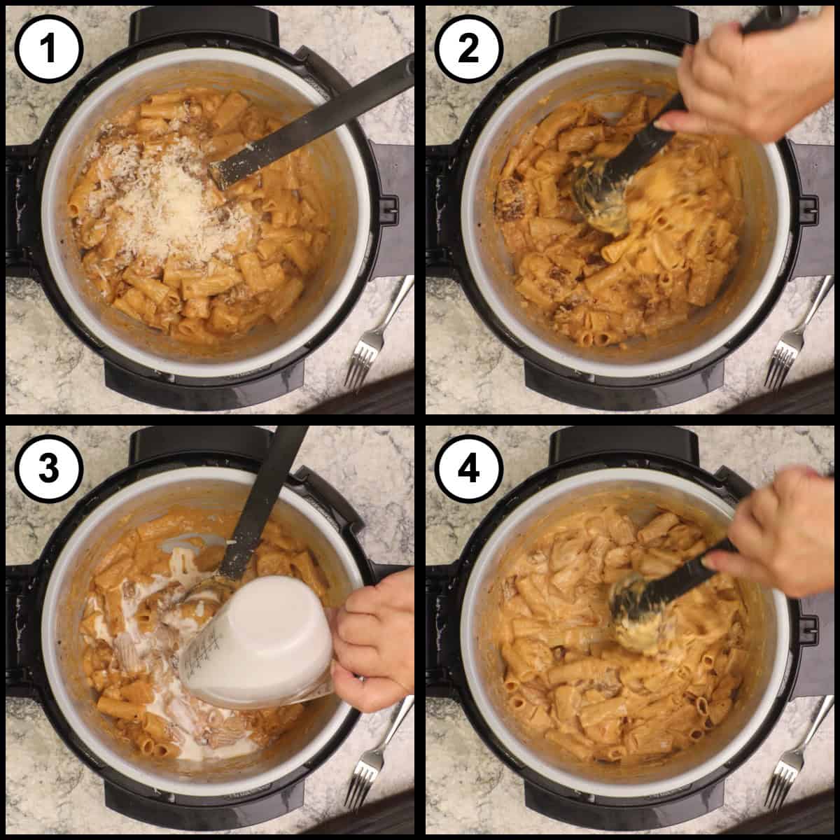Step by step graphic, step 7, showing parmesan cheese stirred into the pasta, followed by the remaining cream for a smooth, creamy sauce.