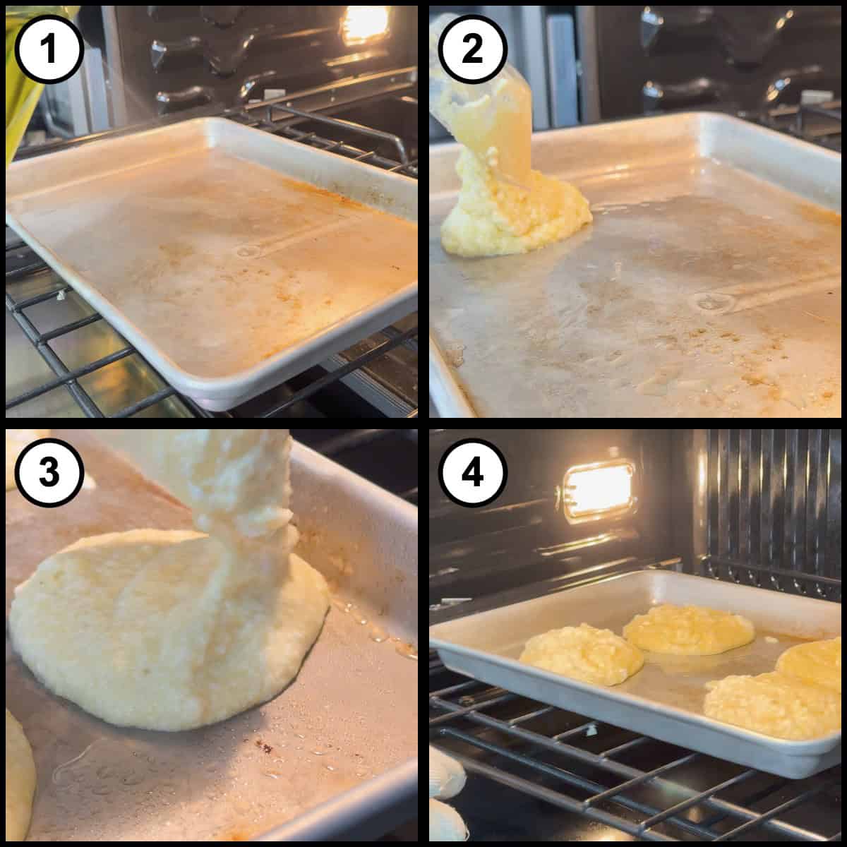 Step by step collage for Low Carb Burger Buns showing the greased hot sheet pan, batter being scooped onto it, the batter spreading into a round bun shape, and four buns on the pan inside the oven.
