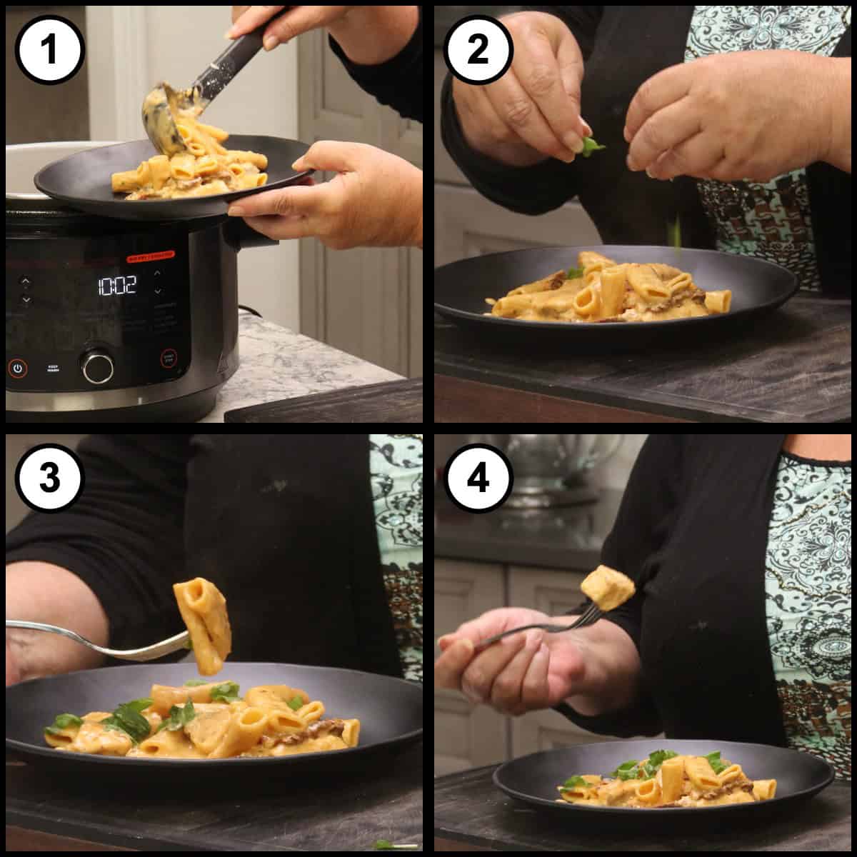 Step by step graphic, step 8, showing the finished pasta plated and garnished with fresh basil.