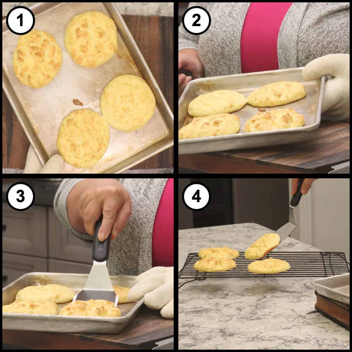 Step by step collage for Low Carb Burger Buns showing the baked golden buns on the sheet pan, the pan coming out of the oven with an oven mitt, a spatula lifting a bun free, and the buns cooling on a wire rack.