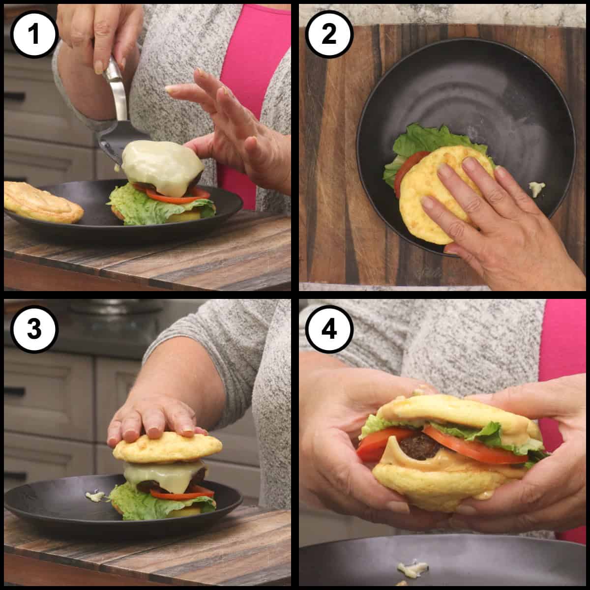 Step by step collage for Low Carb Burger Buns showing a cheese topped beef patty set on the bottom bun with lettuce and tomato, the top bun pressed on, and the finished burger held in two hands.