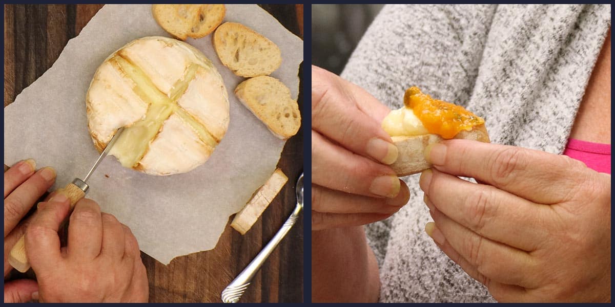 Two-panel serving image for Mango Jalapeno Jam (No Sugar Added), showing warm oozing brie with baguette slices and a hand holding a crostini topped with brie and the golden jam.