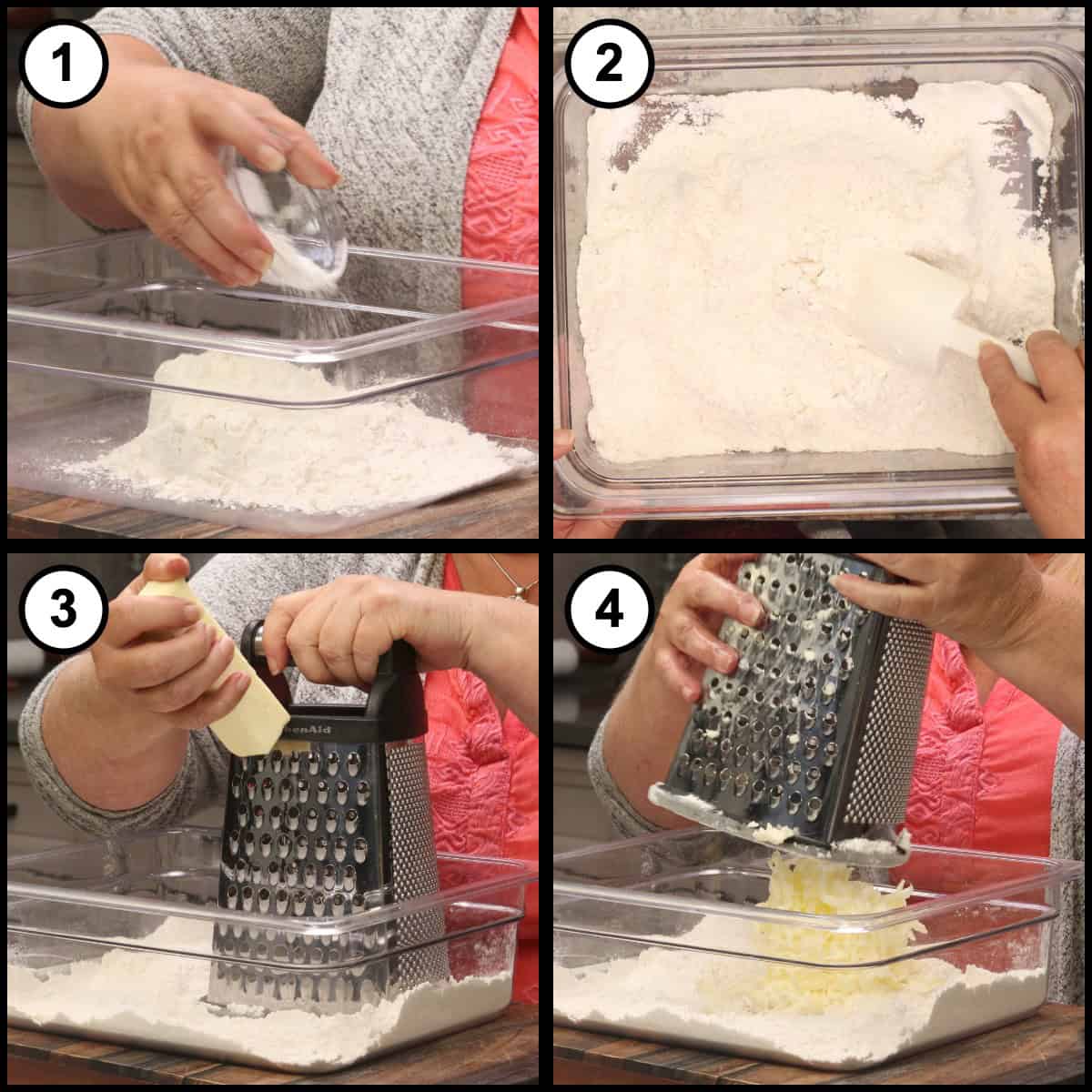A four panel step by step graphic for Air Fryer Homemade Biscuits, step 1, showing baking powder and salt sprinkled into flour, then butter grated into the flour mixture.