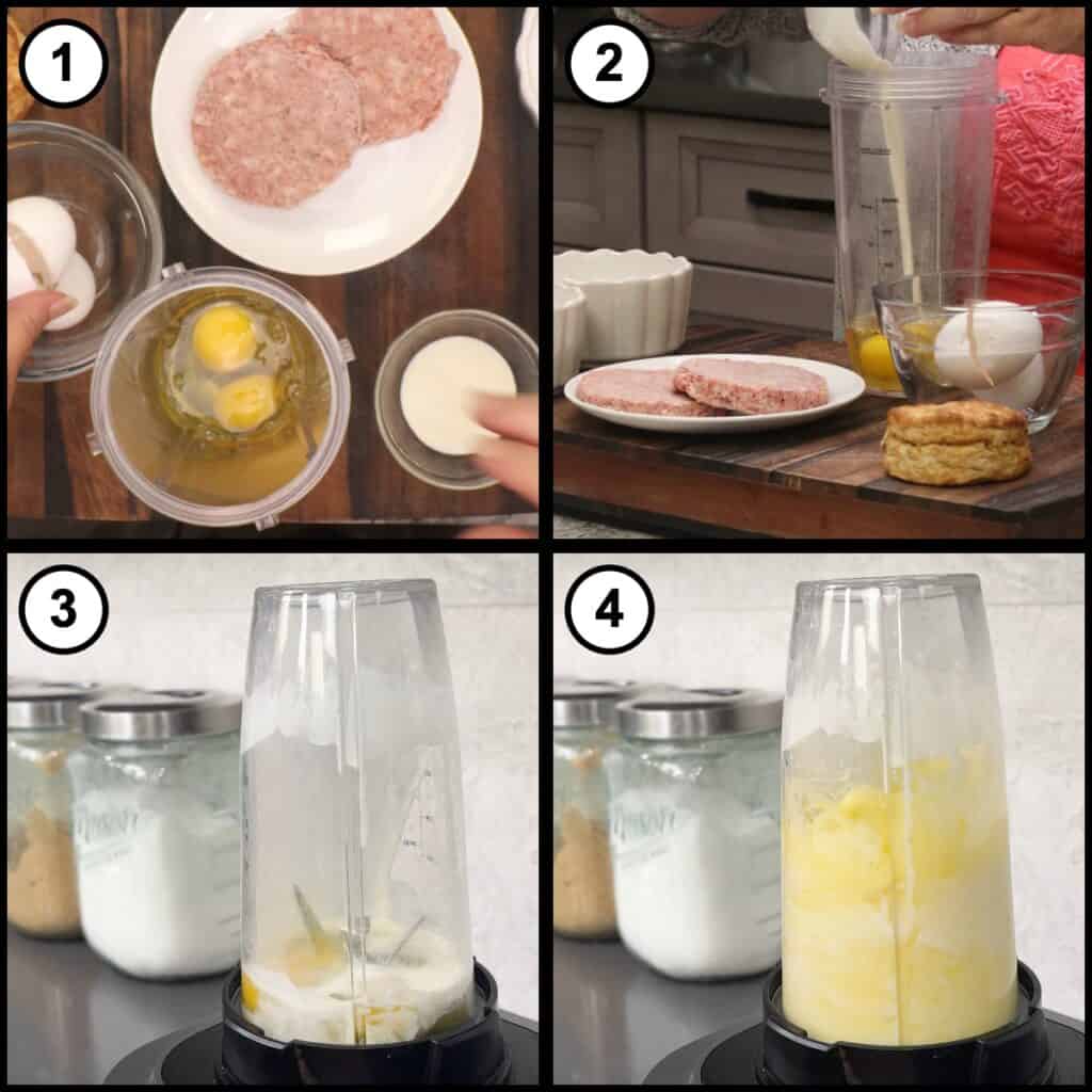 Step 1 collage for Breakfast Sausage and Egg Biscuit showing sausage patties on a plate, eggs and cream being added to a blender cup for the sausage and egg biscuit.