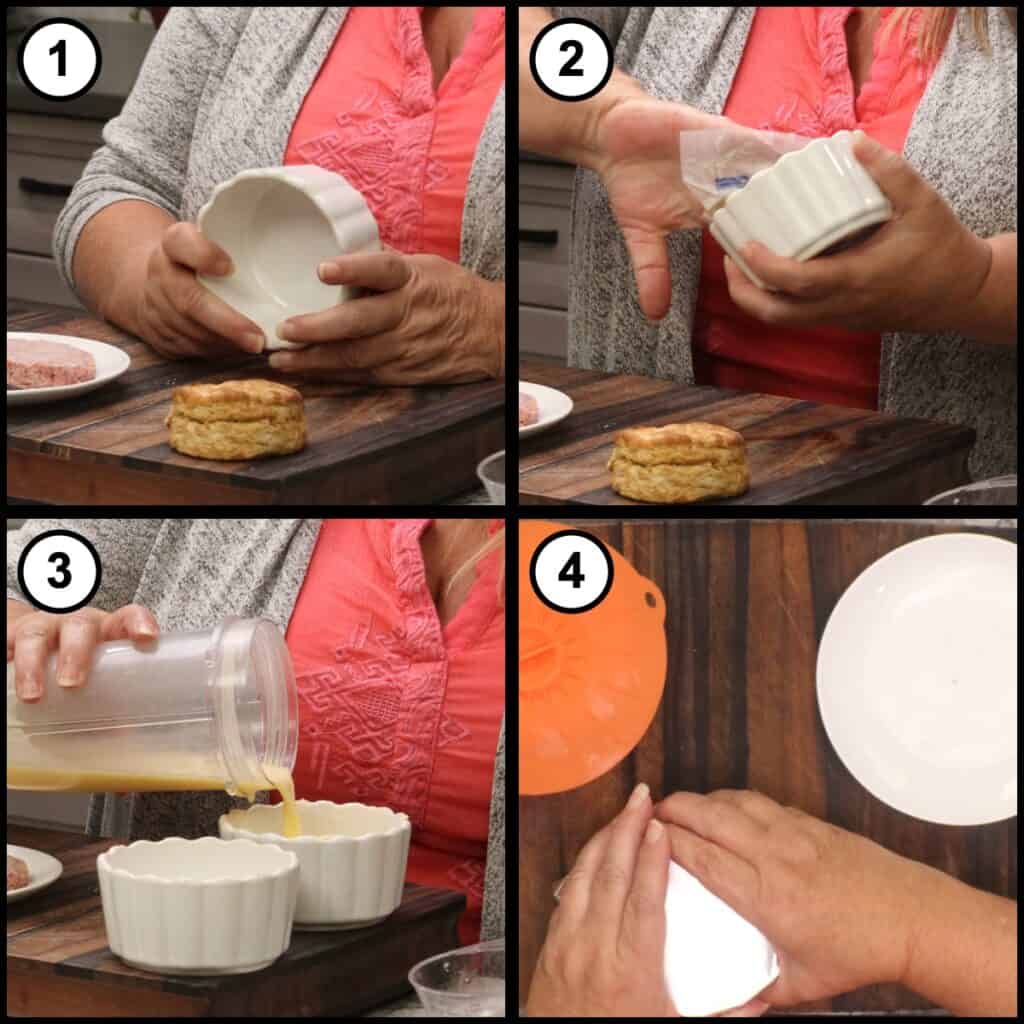 Step 2 collage for Breakfast Sausage and Egg Biscuit showing a buttered ramekin next to a split biscuit, sausage patties and eggs on the cutting board, and cream being poured into two ramekins.