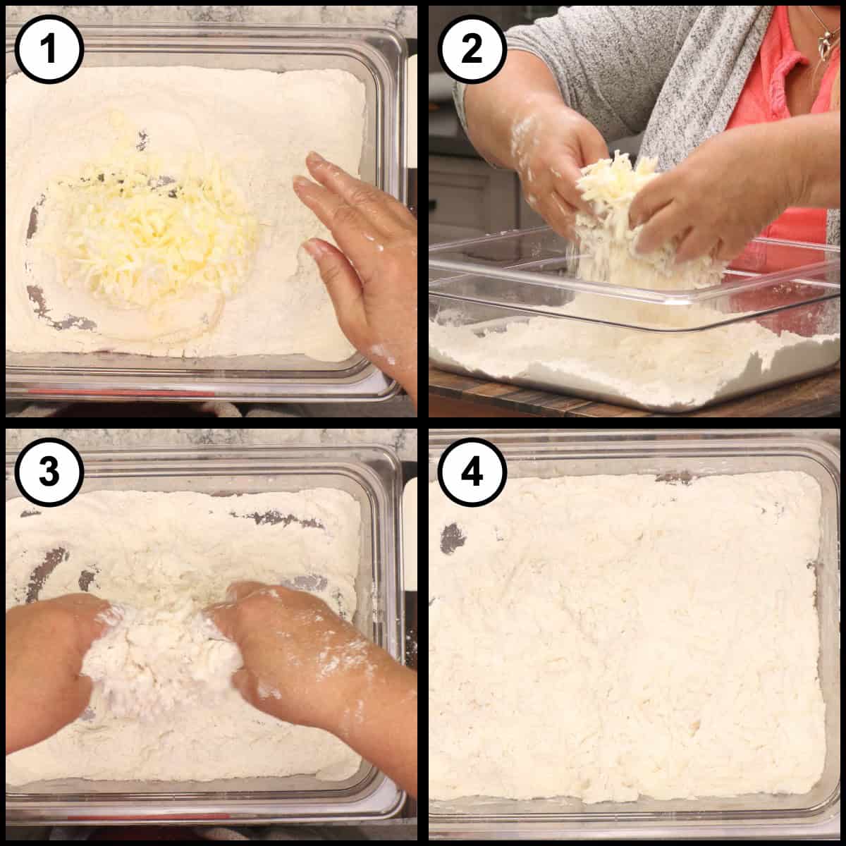A four panel step by step graphic for Air Fryer Homemade Biscuits, step 2, showing the grated butter tossed into the flour until the mixture looks shaggy and combined.