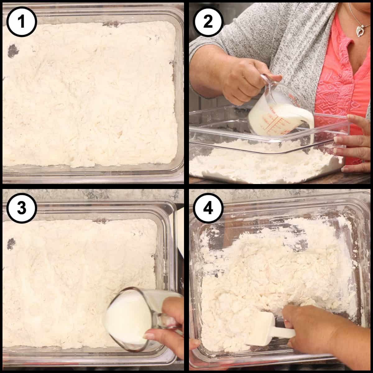 A four panel step by step graphic for Air Fryer Homemade Biscuits, step 3, showing buttermilk poured into the flour mixture and stirred in with a spatula.