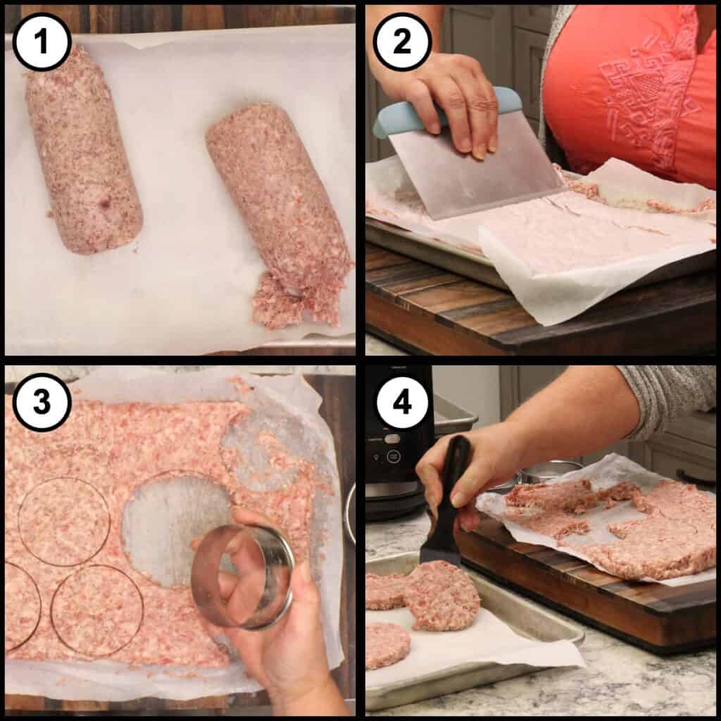 Step 3 collage for Breakfast Sausage and Egg Biscuit showing bulk breakfast sausage rolled into logs, pressed flat on parchment, cut into rounds with a biscuit cutter, and shaped into patties to freeze.