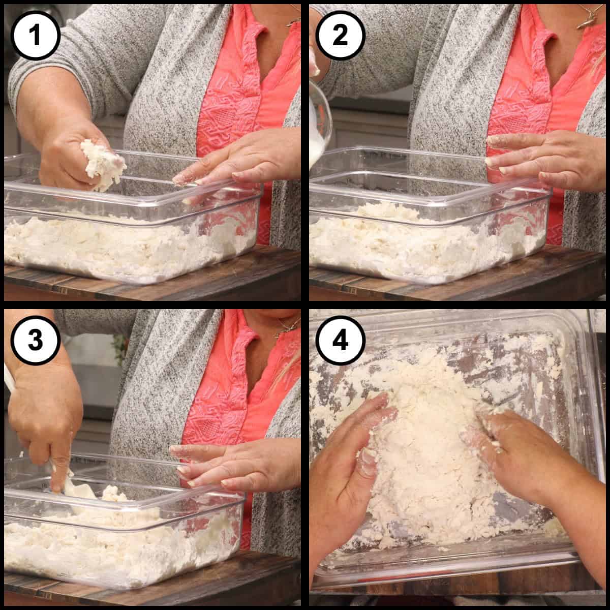 A four panel step by step graphic for Air Fryer Homemade Biscuits, step 4, showing the dough checked for hydration with more buttermilk added until it comes together.