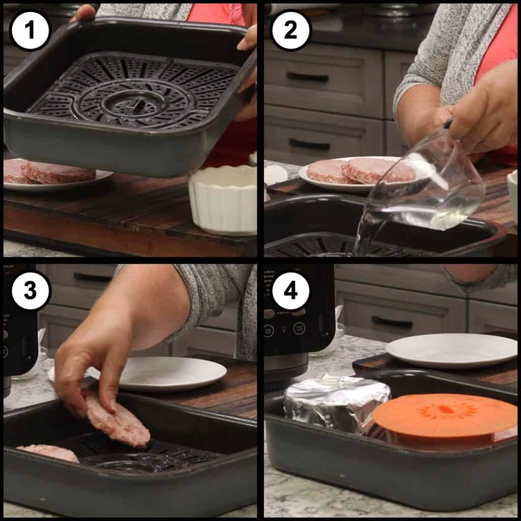 Step 4 collage for Breakfast Sausage and Egg Biscuit showing the sausage patties and egg ramekins placed into the Ninja Foodi combi pan with water added and covered before cooking.