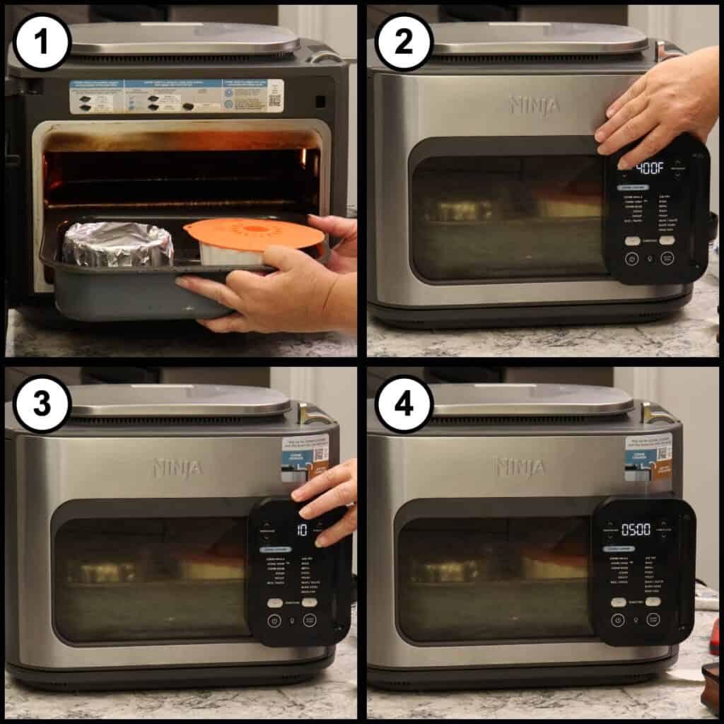 Step 5 collage for Breakfast Sausage and Egg Biscuit showing the combi pan going into the Ninja Foodi and the temperature and time set to cook the sausage and eggs together.