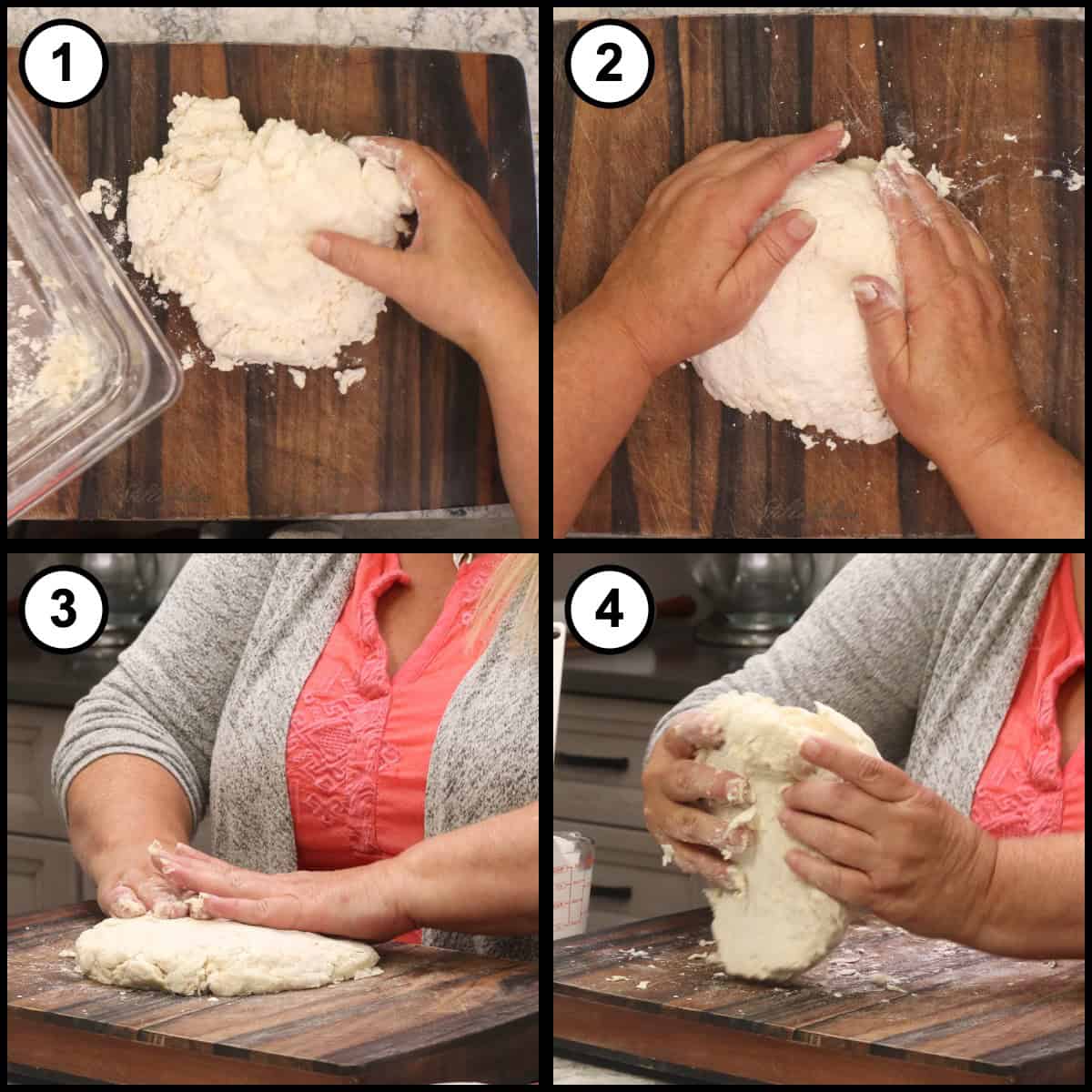 A four panel step by step graphic for Air Fryer Homemade Biscuits, step 5, showing the shaggy dough pressed together and kneaded into a smooth ball on a cutting board.