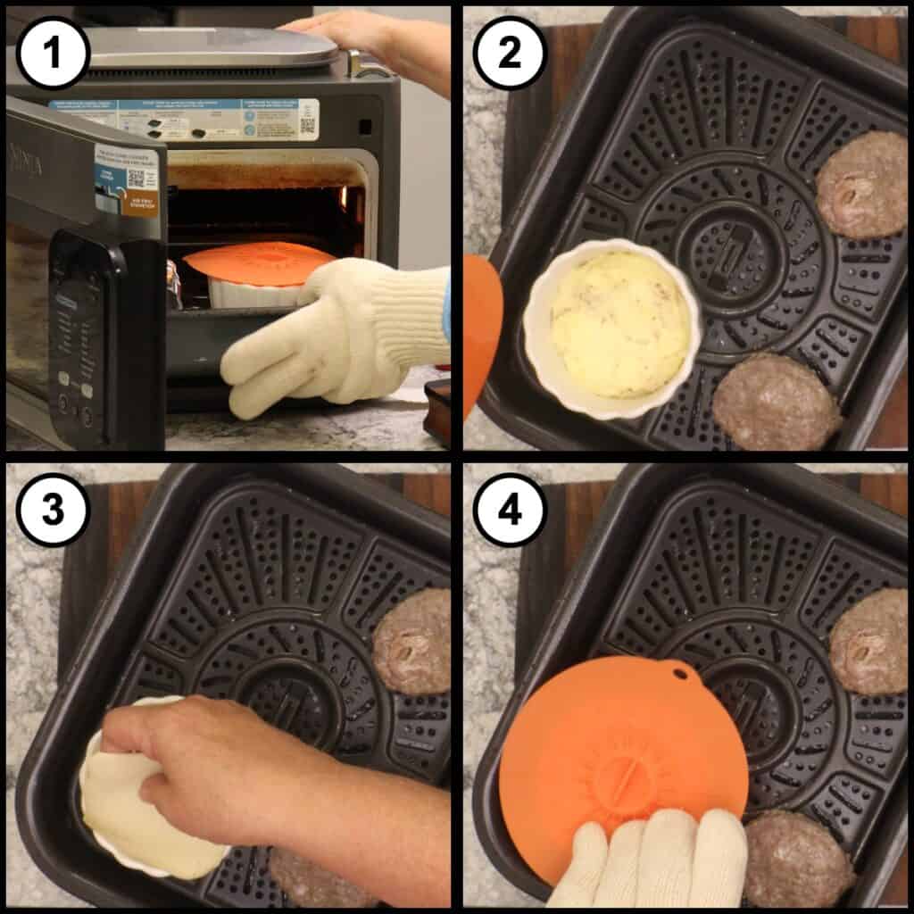 Step 6 collage for Breakfast Sausage and Egg Biscuit showing cheese added to a cooked egg ramekin in the combi pan next to sausage patties, then the pan covered again to melt the cheese and warm the biscuits.