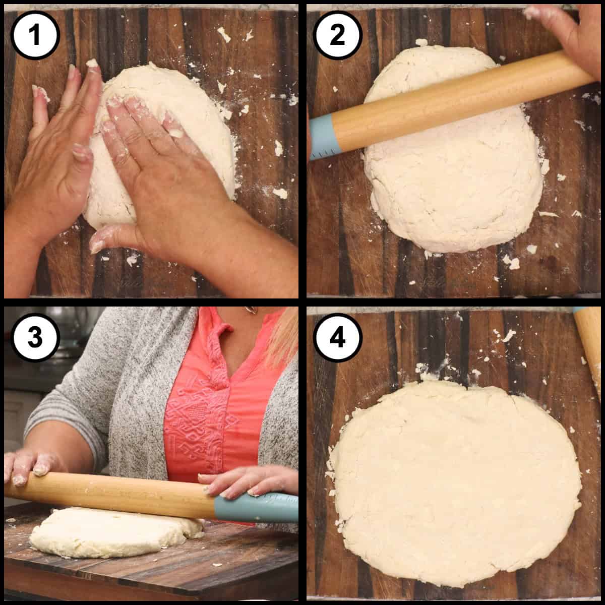 A four panel step by step graphic for Air Fryer Homemade Biscuits, step 6, showing the dough formed into a round and rolled out flat with a rolling pin before cutting.