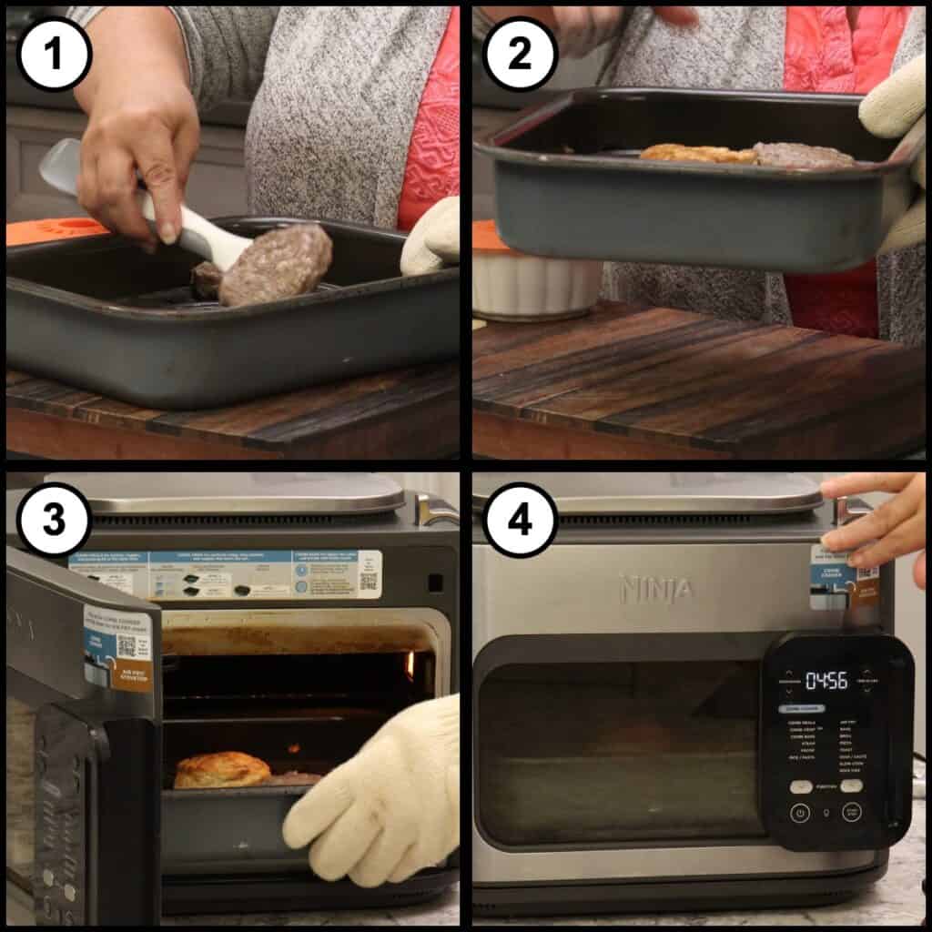 Step 7 collage for Breakfast Sausage and Egg Biscuit showing the sausage patty flipped and checked with a thermometer, then a biscuit split and buttered.