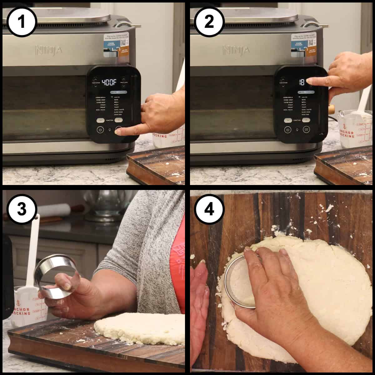 A four panel step by step graphic for Air Fryer Homemade Biscuits, step 7, showing the air fryer preheating and the biscuit cutter pressed into the rolled dough.