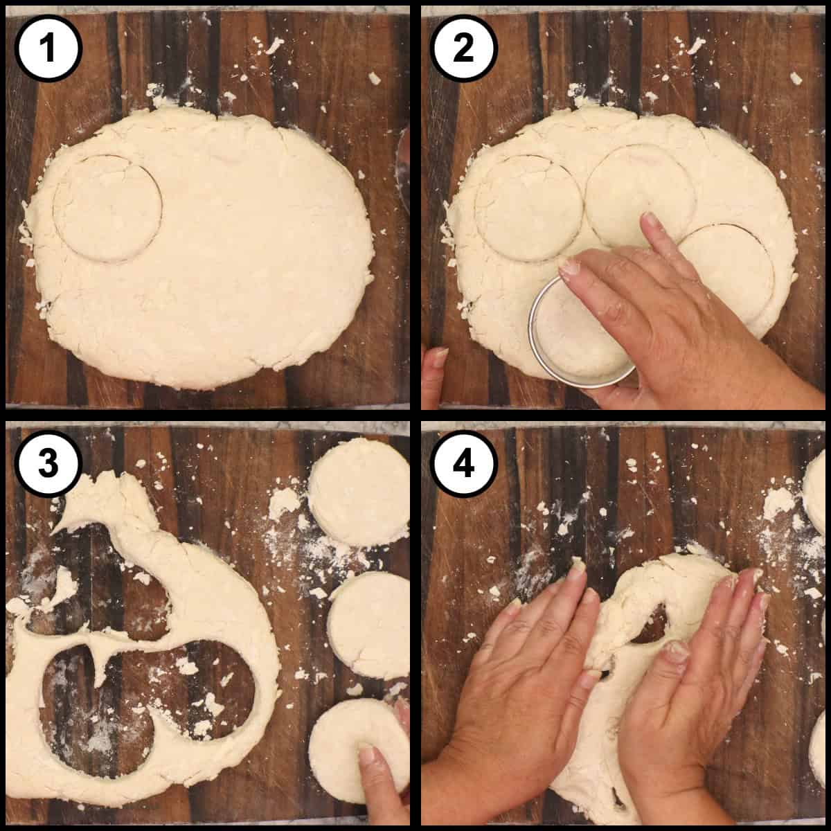 A four panel step by step graphic for Air Fryer Homemade Biscuits, step 8, showing biscuits cut from the dough and the scraps pressed back together to cut more.