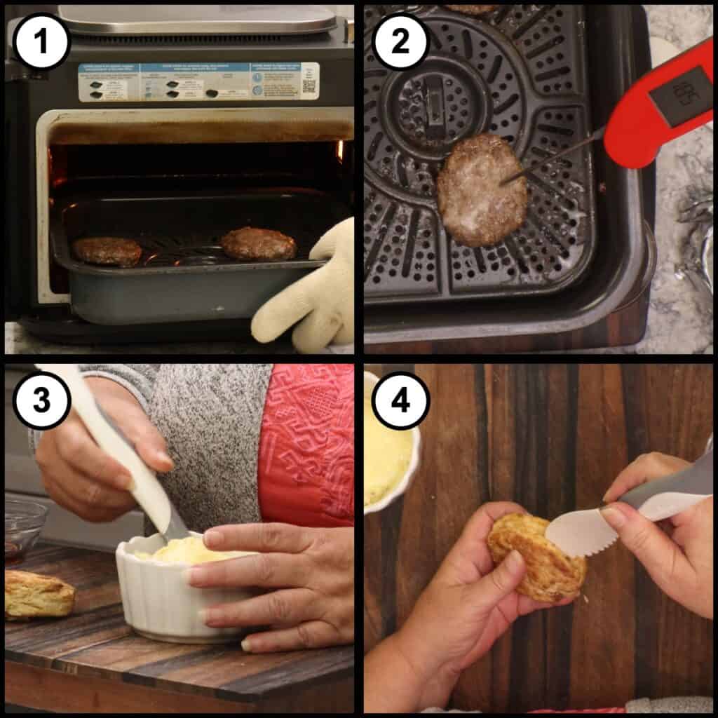 Step 8 collage for Breakfast Sausage and Egg Biscuit showing jam and syrup spread on a split biscuit, cheese added over the egg, and a sausage patty placed on top to get ready to assemble the sandwich.