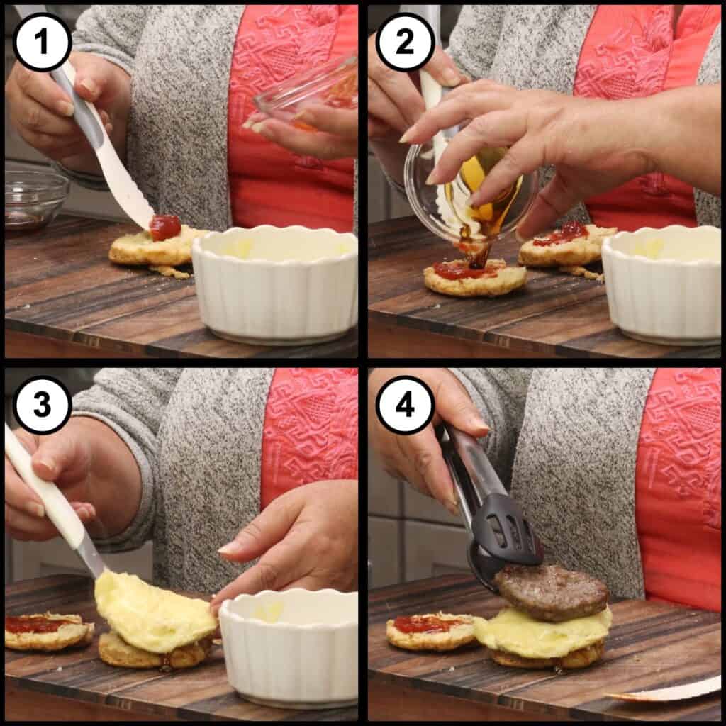 Step 9 collage for Breakfast Sausage and Egg Biscuit showing the finished sausage, egg and cheese biscuit sandwich being held together in two hands.