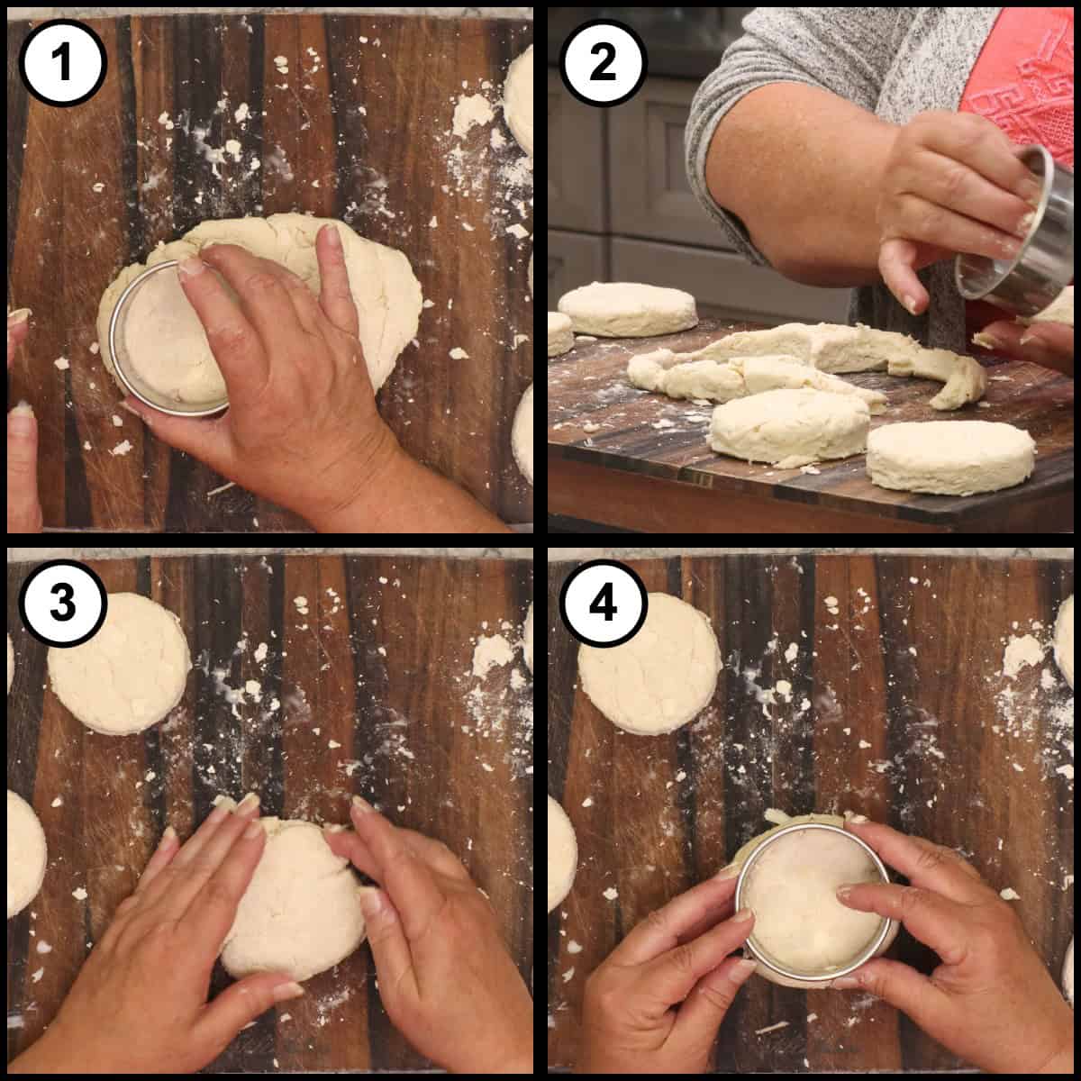 A four panel step by step graphic for Air Fryer Homemade Biscuits, step 9, showing the remaining dough scraps cut into the last few biscuit rounds.