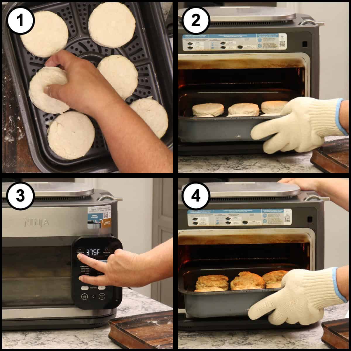 A four panel step by step graphic for Air Fryer Homemade Biscuits, step 10, showing the cut biscuits placed in the air fryer basket, the temperature reduced, and the biscuits air frying until golden.