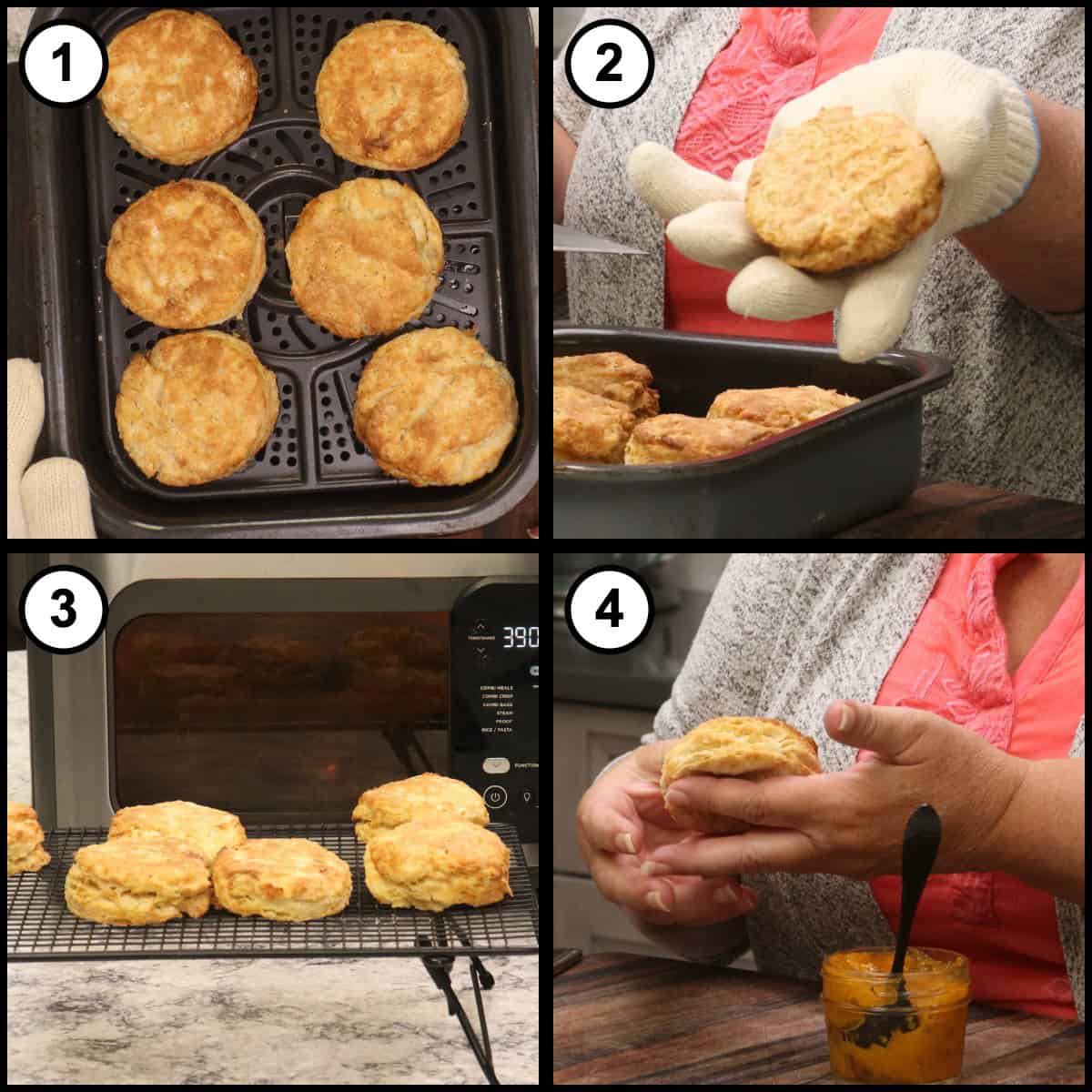 A four panel step by step graphic for Air Fryer Homemade Biscuits, step 11, showing the finished biscuits on a cooling rack and a split biscuit revealing its flaky layers.