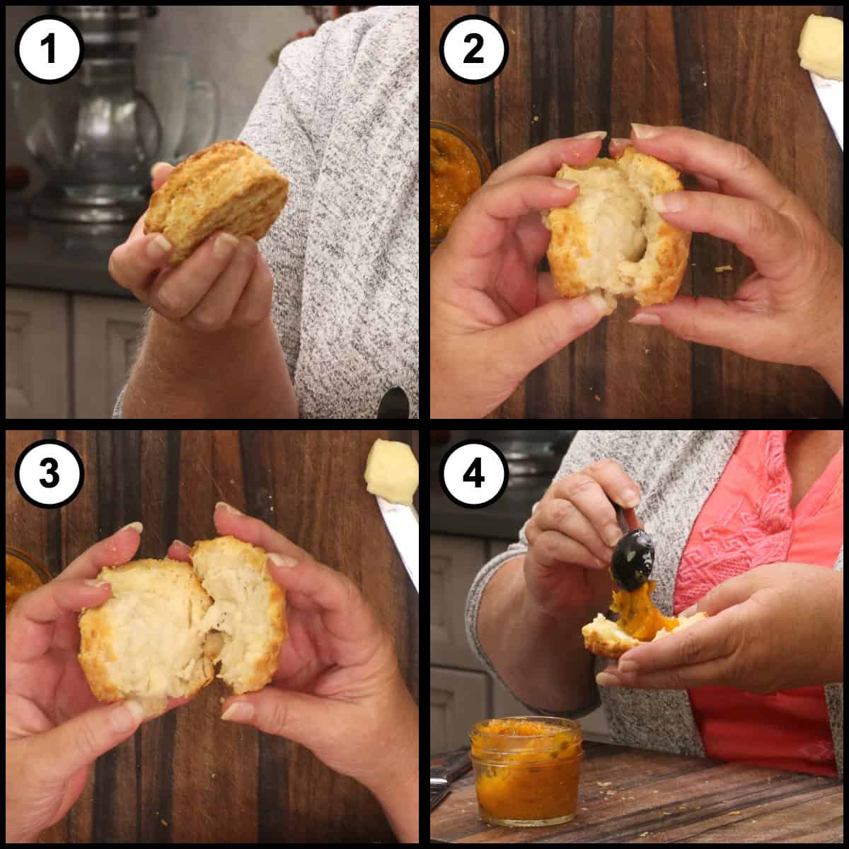 A four panel step by step graphic for Air Fryer Homemade Biscuits, step 12, showing a warm biscuit split open, buttered, and topped with a spoonful of peach jam.