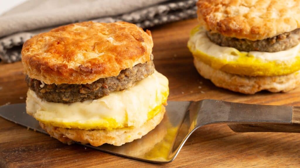Close up of a Breakfast Sausage and Egg Biscuit showing the sausage patty and melted cheese over a fried egg tucked into a golden biscuit.