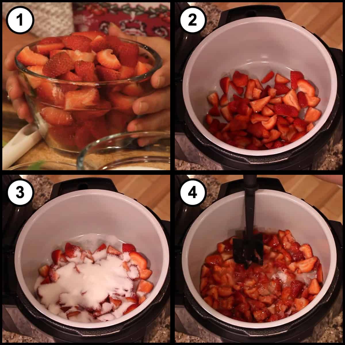 Step by step graphic for step 1 of Strawberry Basil Preserves, showing a bowl of quartered strawberries, the strawberries added to the pressure cooker pot, sugar poured over them, and the mixture stirred together.