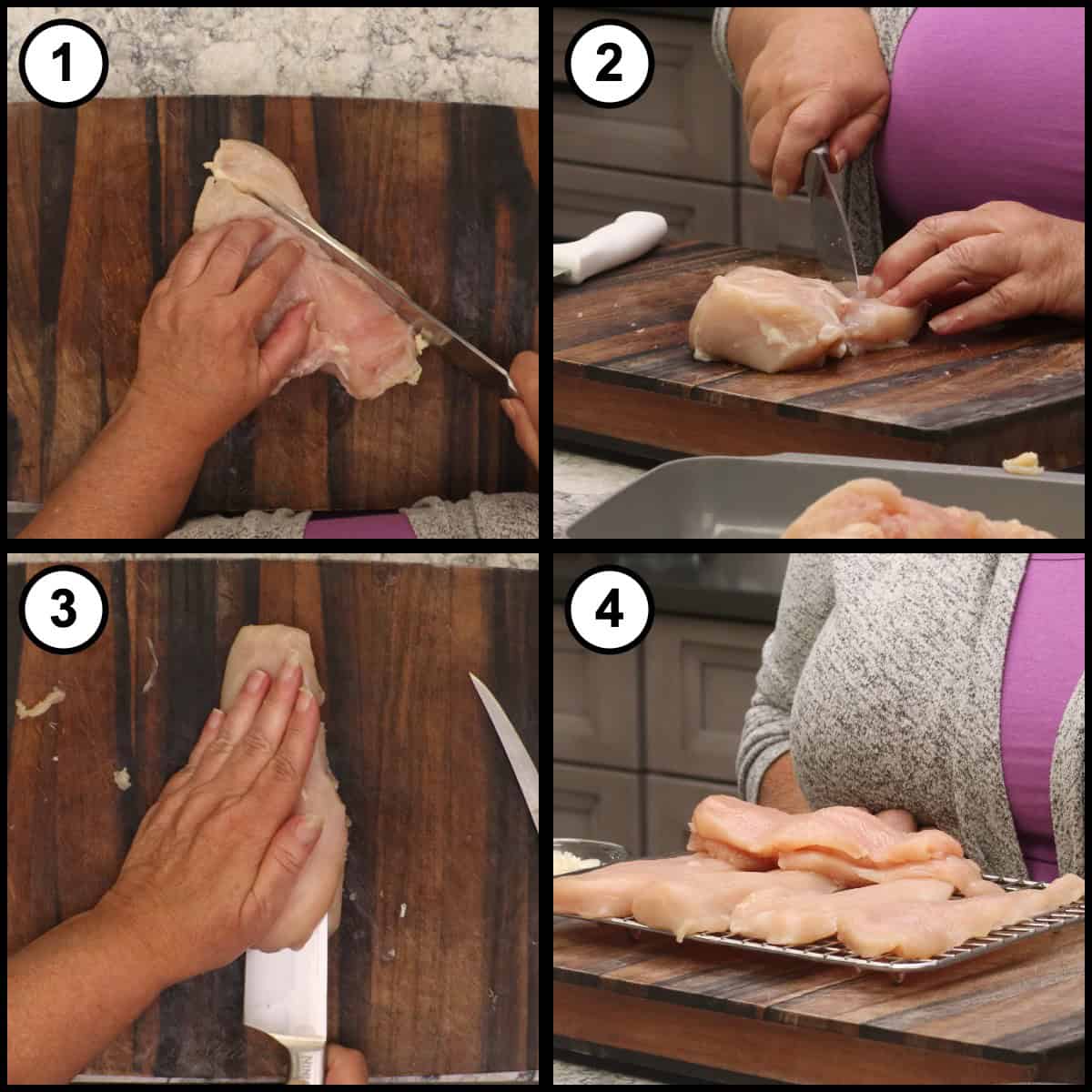 Step by step graphic for step 1 of Air Fryer Chicken Parmesan, four panels showing a chicken breast being sliced horizontally into cutlets on a wood board, checking the thickness by hand, and the finished cutlets laid out on a wire rack.