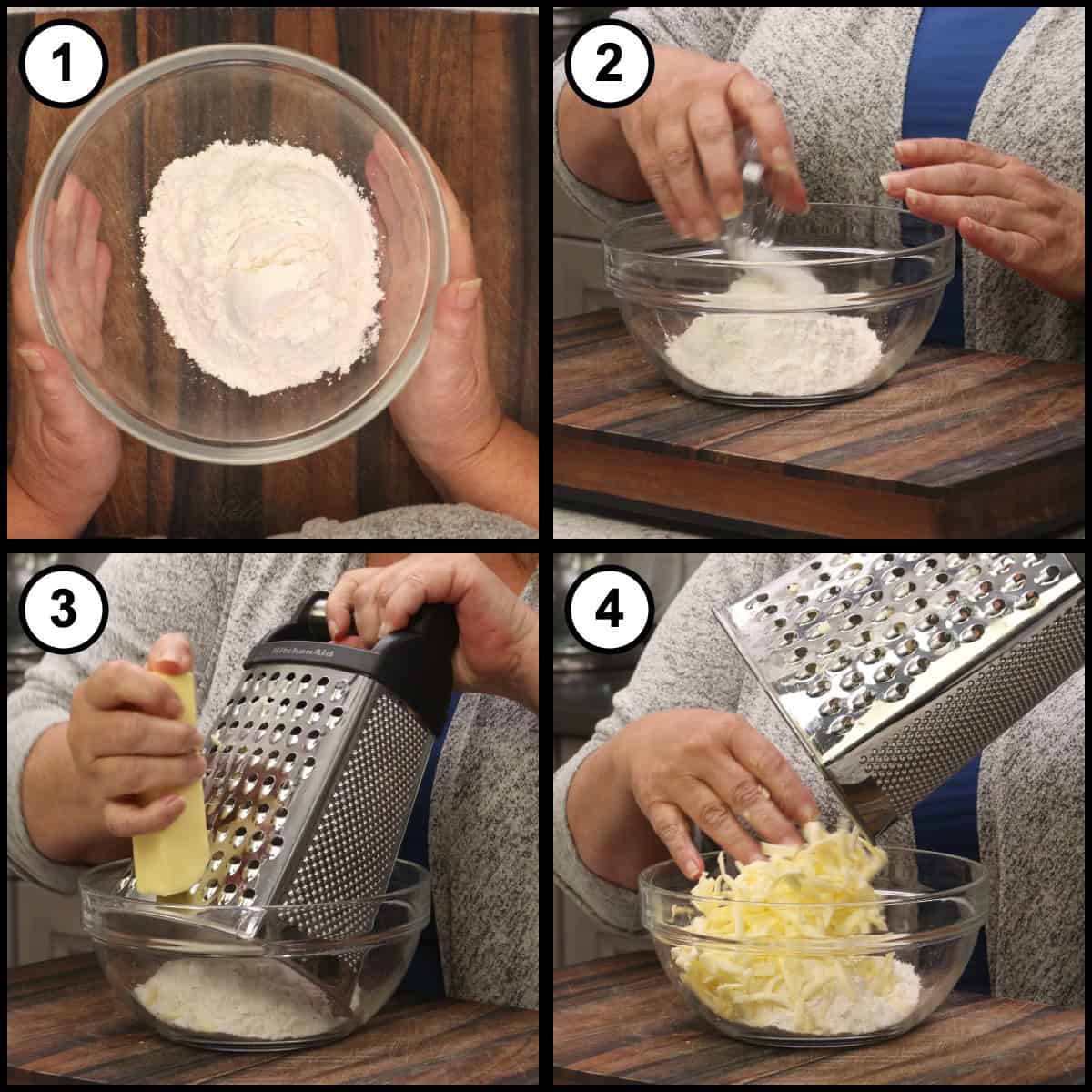 Step-by-step graphic for step 1 of Mississippi Mud Pie, showing four panels: flour in a glass bowl, adding salt to the flour, grating very cold butter on the large holes of a box grater directly into the bowl, and the grated butter piled on top of the flour.