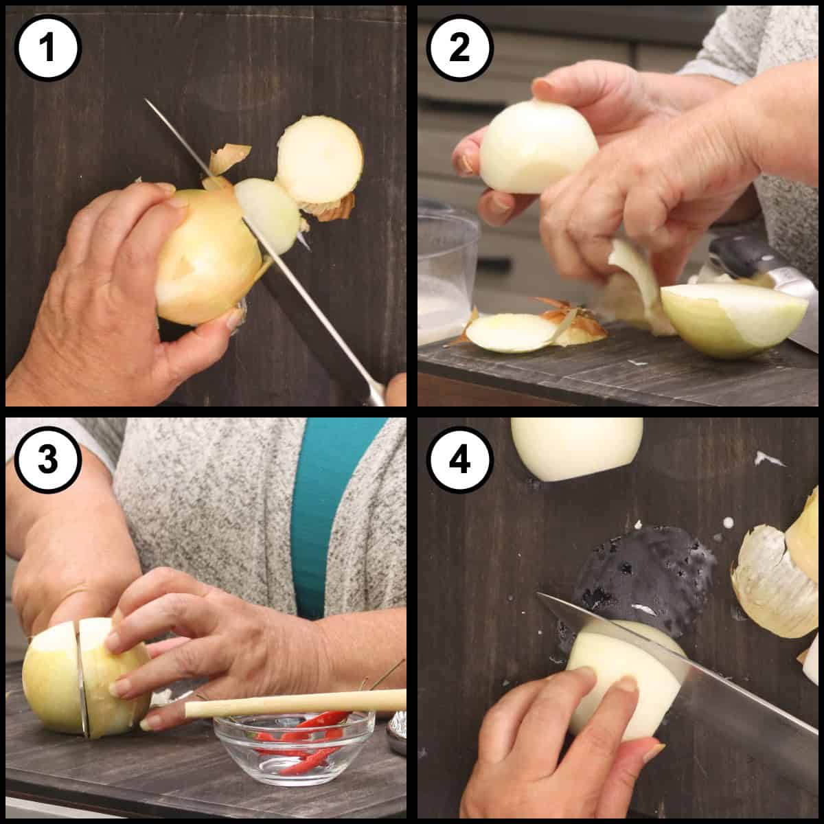 Step by step graphic for step 1 of Thai Red Curry Beef, showing four panels of cutting the sweet onion: trimming the root and stem ends, peeling off the outer layers, cutting the onion in half, and slicing it into strips on a dark cutting board.