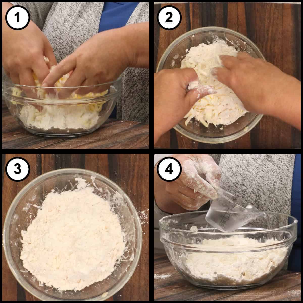 Step-by-step graphic for step 2 of Mississippi Mud Pie, showing four panels: breaking the grated butter up by hand, tossing it to coat every strand in flour, the mixture worked into small pebbles, and pouring cold water over the top.