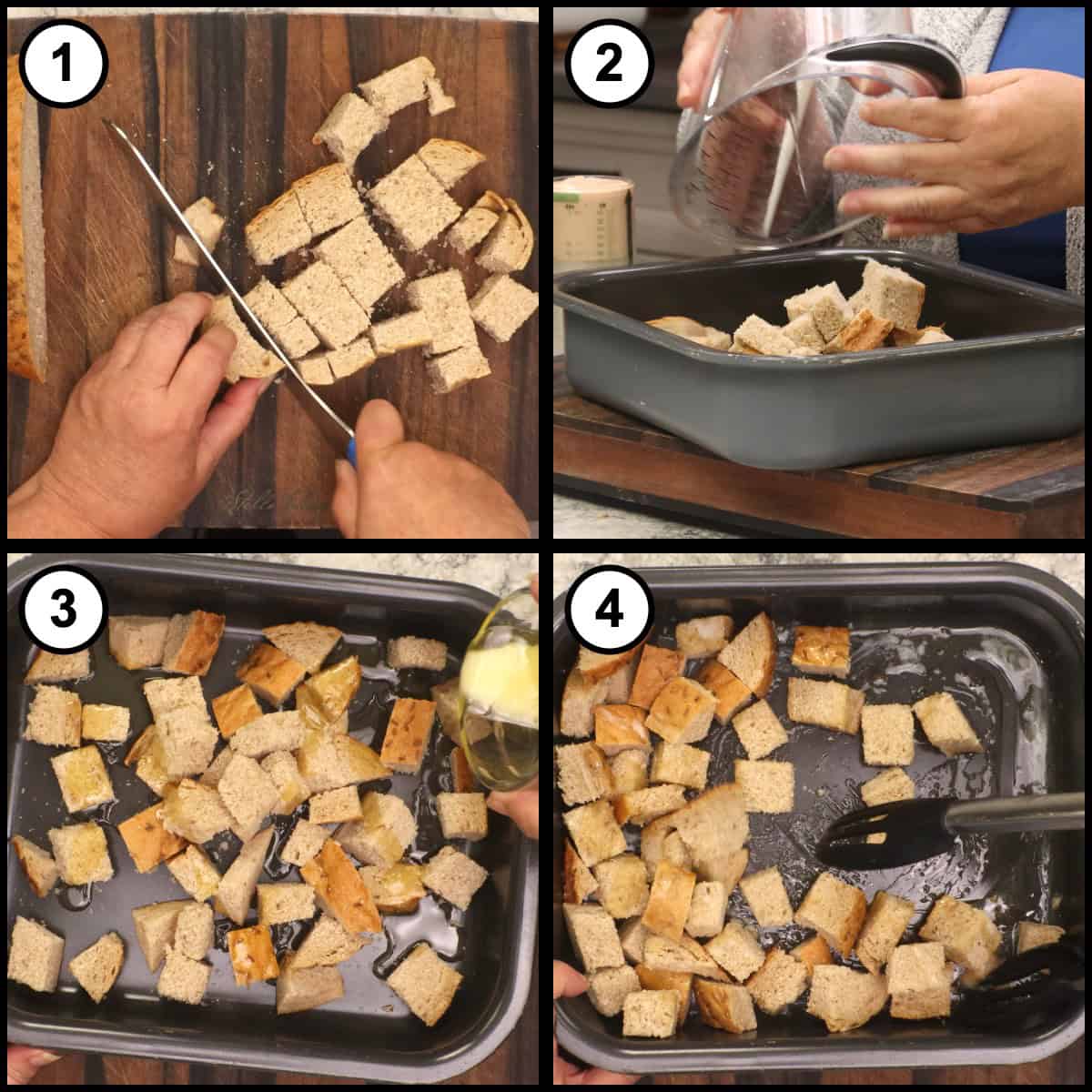 Step-by-step graphic for Reuben Salad step 2, showing rye bread being cut into cubes, added to the baking pan, drizzled with melted butter, and stirred to coat.
