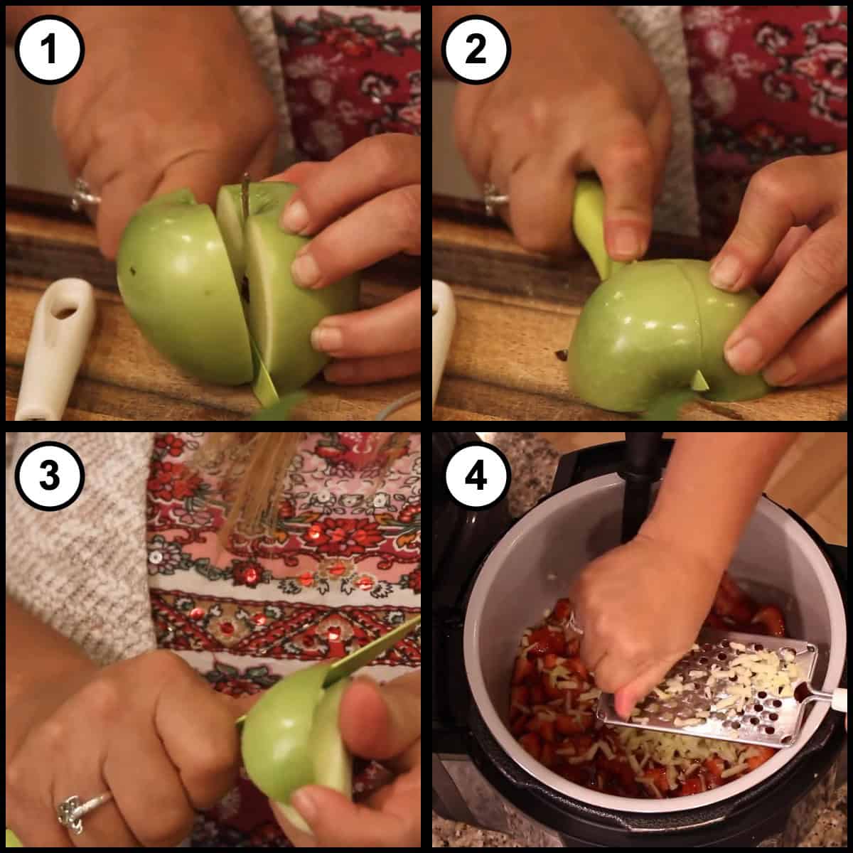 Step by step graphic for step 2 of Strawberry Basil Preserves, showing a Granny Smith apple being cut in half, the halves trimmed, the apple sliced, and the apple grated straight into the pot of strawberries.