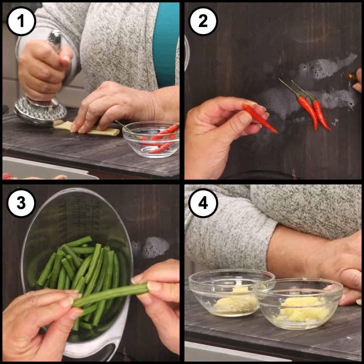 Step by step graphic for step 2 of Thai Red Curry Beef, showing four panels of prep work: pounding a stalk of lemongrass with a meat mallet, pinching the top off a red Thai chili, trimming fresh green beans, and two small glass bowls holding minced garlic and minced ginger.