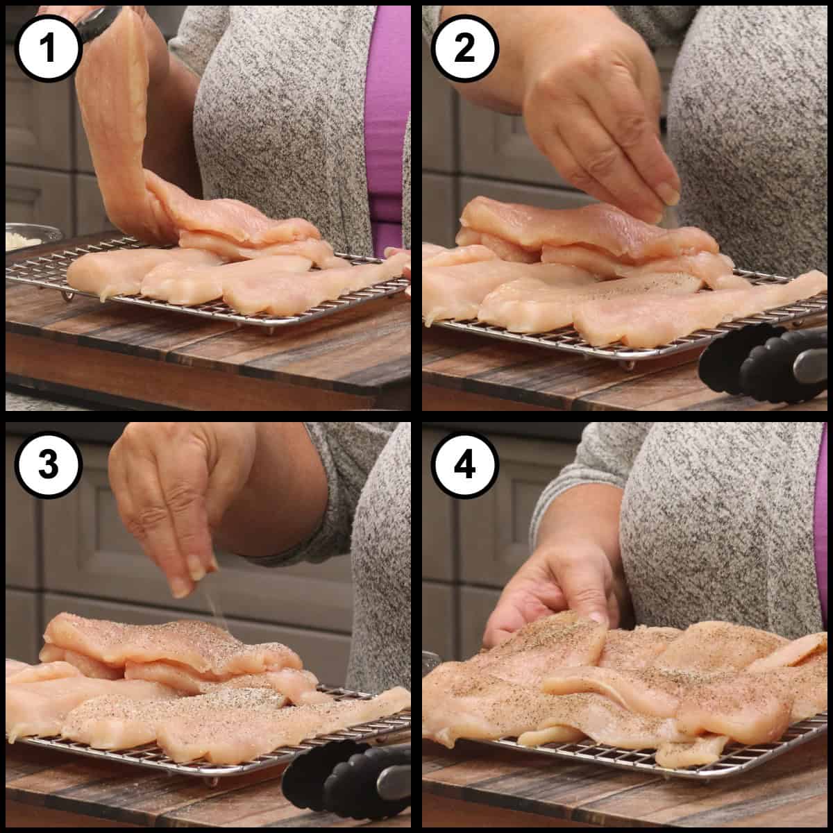 Step by step graphic for step 2 of Air Fryer Chicken Parmesan, four panels showing salt and pepper being broadcast by hand over chicken cutlets on a wire rack, then the cutlets flipped and seasoned on the second side.