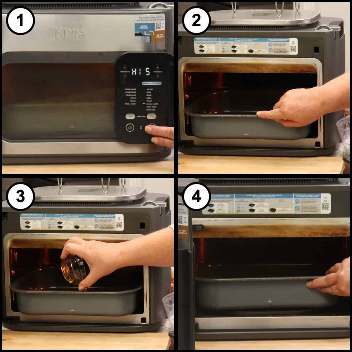 Step by step graphic for step 3 of Thai Red Curry Beef, showing four panels of starting the Ninja Combi: the display reading HI 5 on Sear/Sauté, positioning the cooking pan inside, pouring in avocado oil, and the pan heating with the door left open.