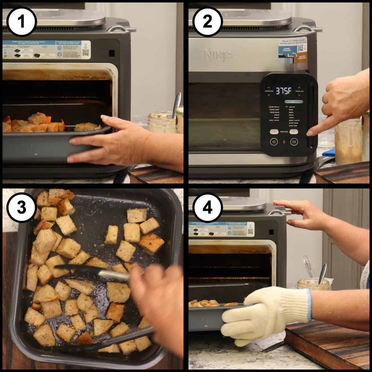 Step-by-step graphic for Reuben Salad step 3, showing the pan of buttered rye cubes going into the Ninja Combi, the control panel set to 375F, the croutons stirred partway through cooking, and the finished croutons lifted out with an oven mitt.