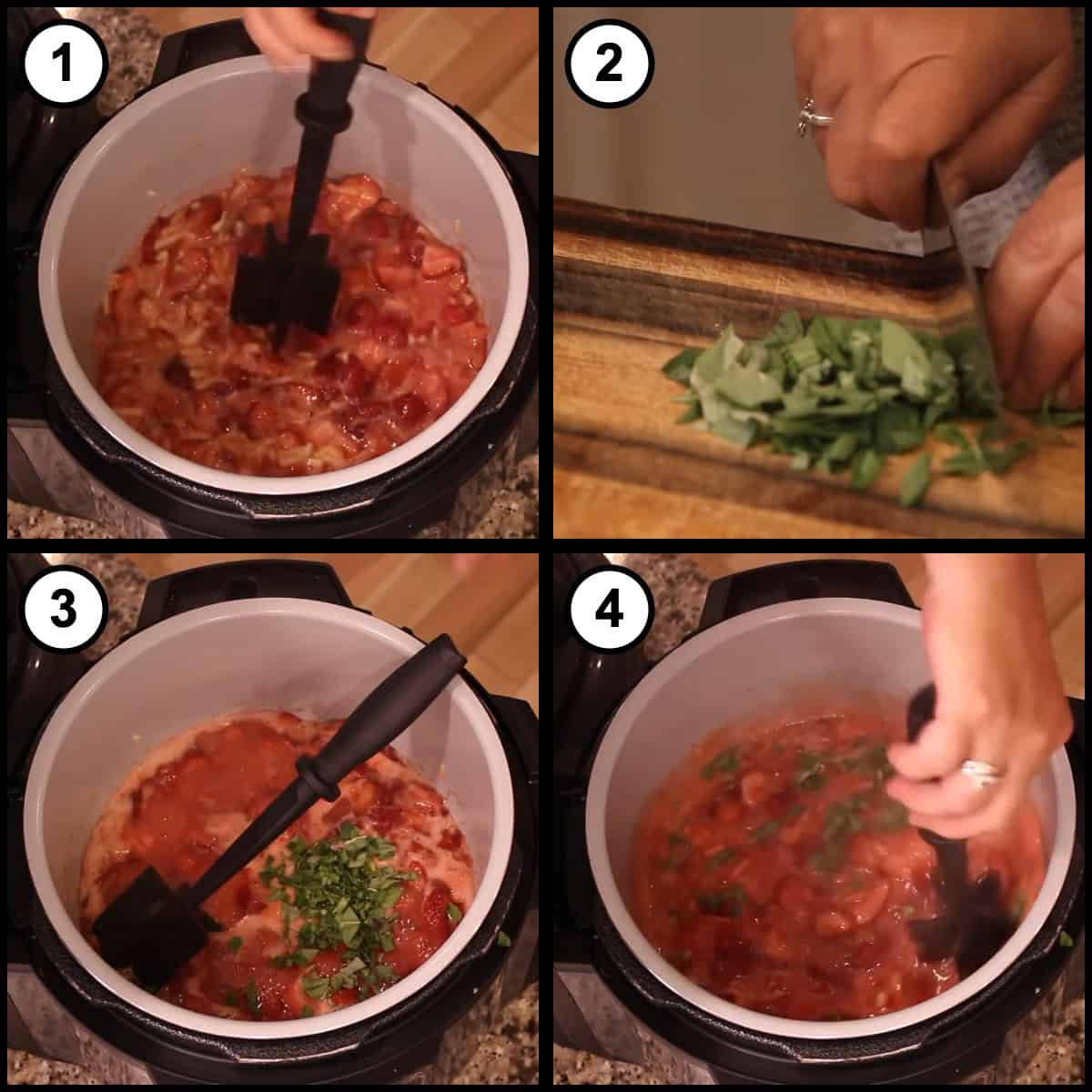 Step by step graphic for step 3 of Strawberry Basil Preserves, showing the cooked down strawberries being stirred, fresh basil chopped on a cutting board, the basil added to the pot, and stirred through the preserves.