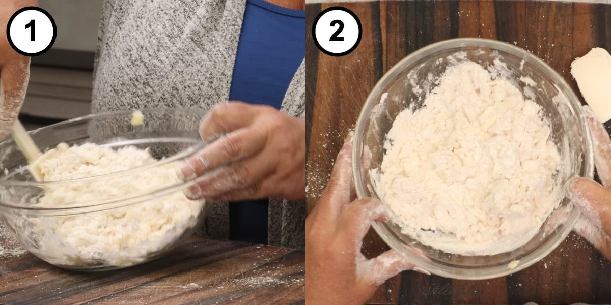 Step-by-step graphic for step 3 of Mississippi Mud Pie, showing two panels: tossing the water through the flour with a spatula, and the shaggy dough in the glass bowl ready for a 5 minute rest in the refrigerator.