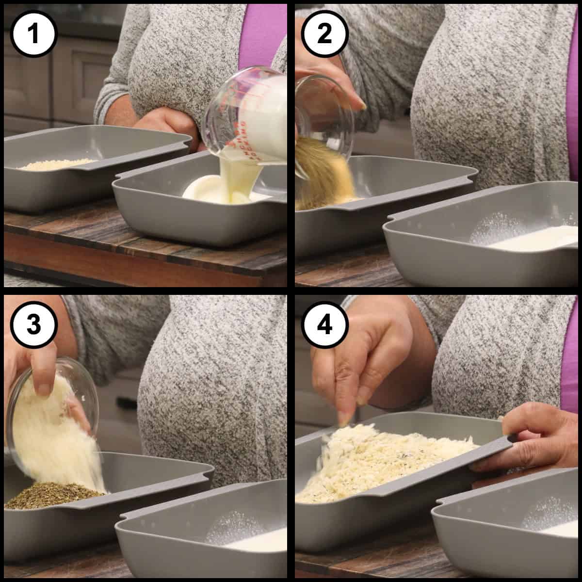 Step by step graphic for step 3 of Air Fryer Chicken Parmesan, four panels showing heavy cream poured into a shallow grey container, panko in a second container, and dried seasonings and shredded Parmesan added to the panko.